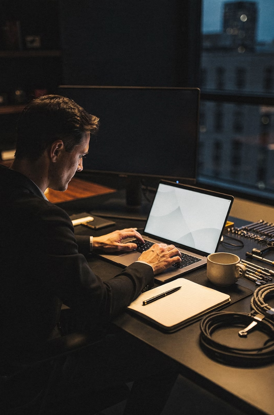 A quiet desk at dusk with a notebook and laptop, representing writing your business context for AI