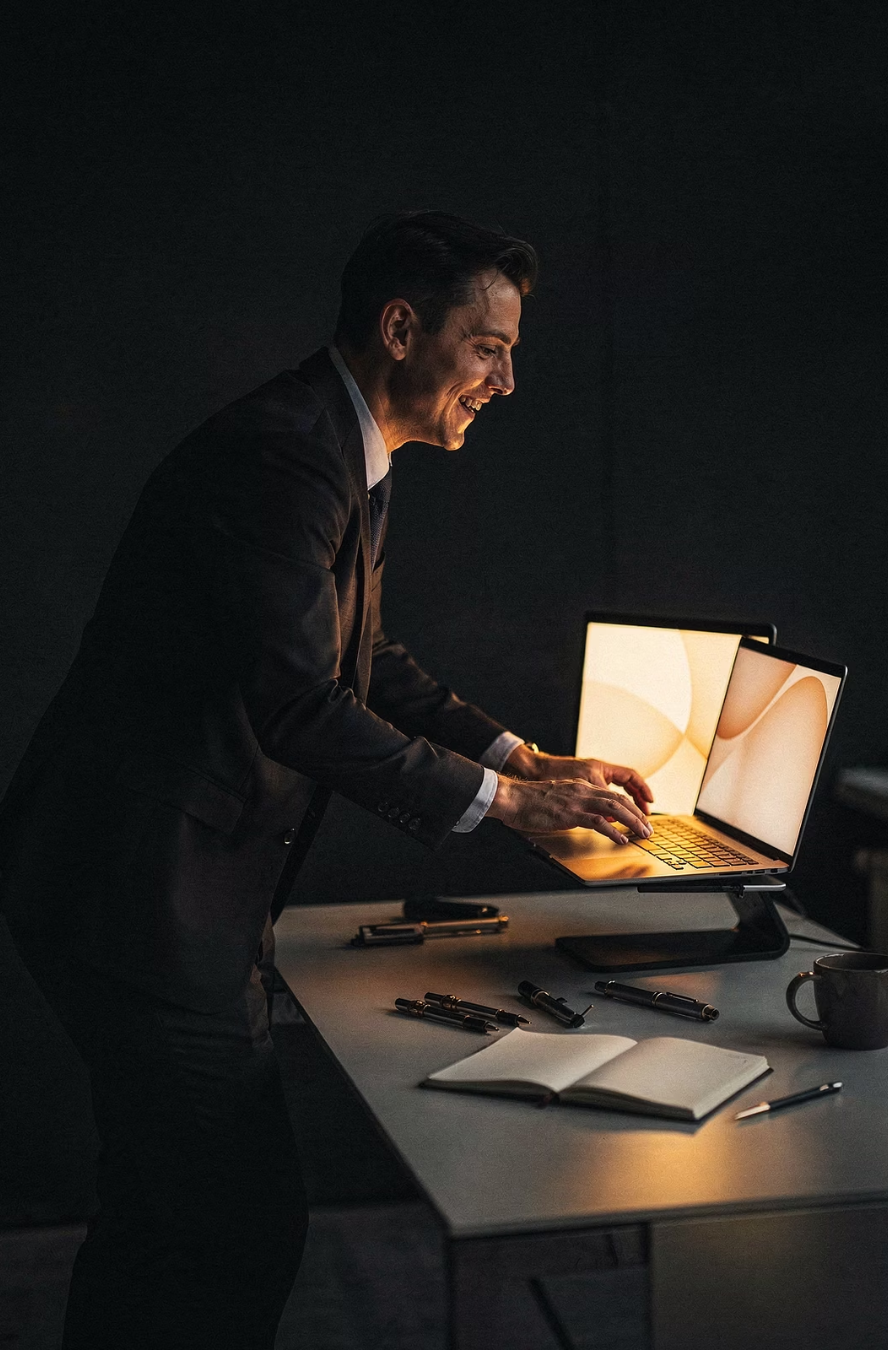 Warm lit workspace late in the day showing sustained focus over a two week adoption period
