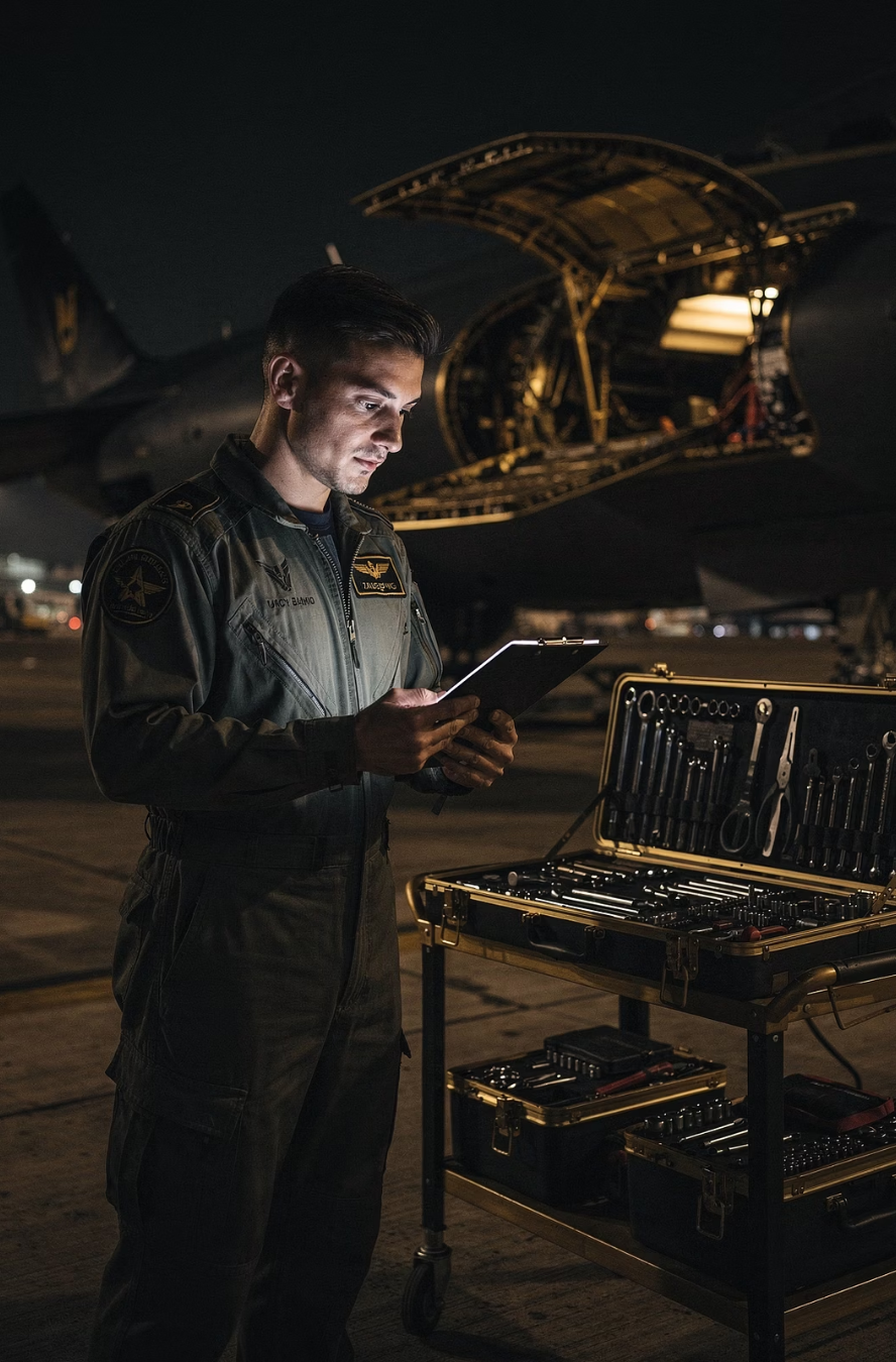 Aircraft technician following a documented maintenance procedure at night beside an open tool chest
