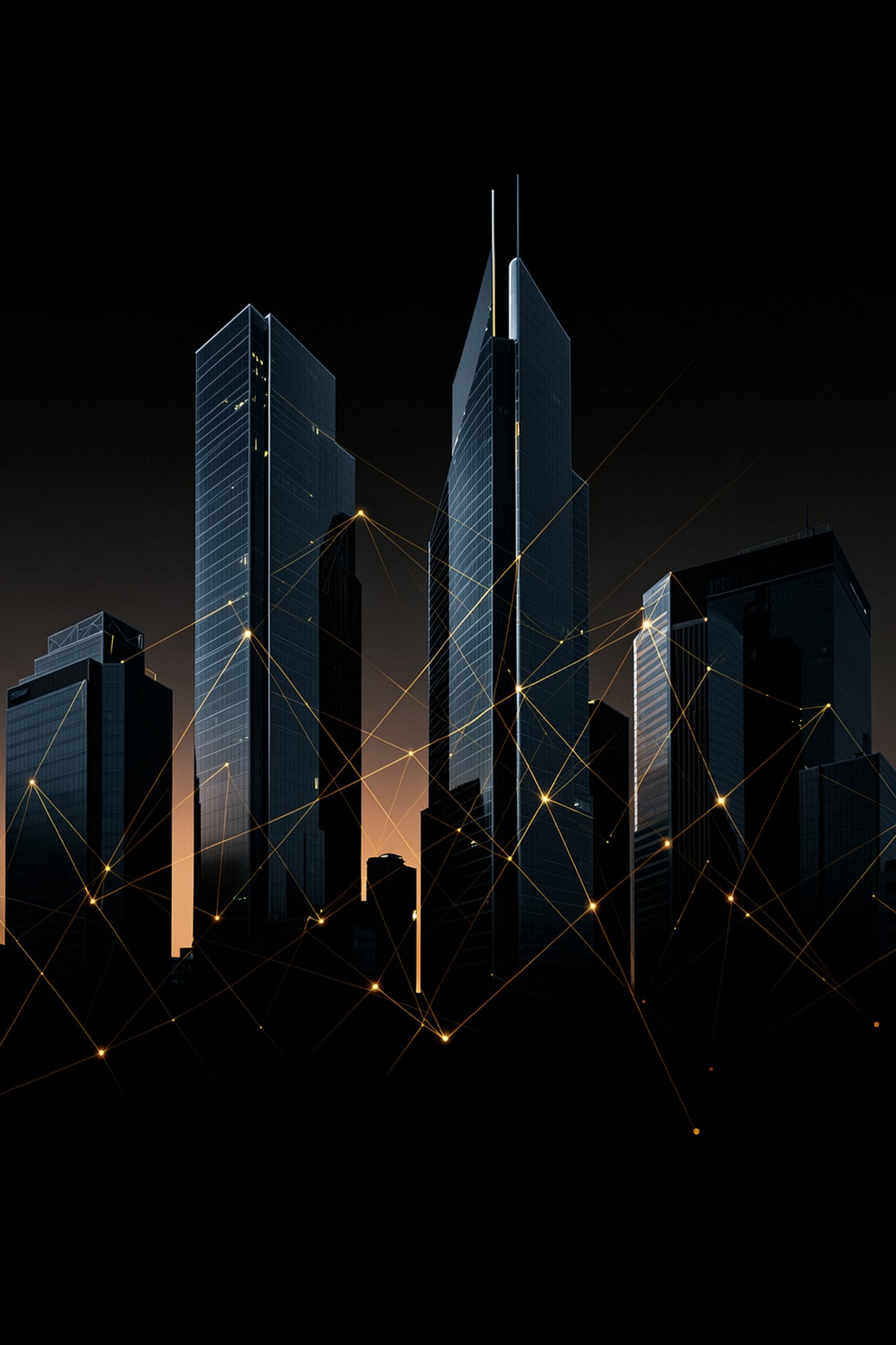 Calgary business skyline connected by golden AI network lines, representing the AI consultant market in Calgary