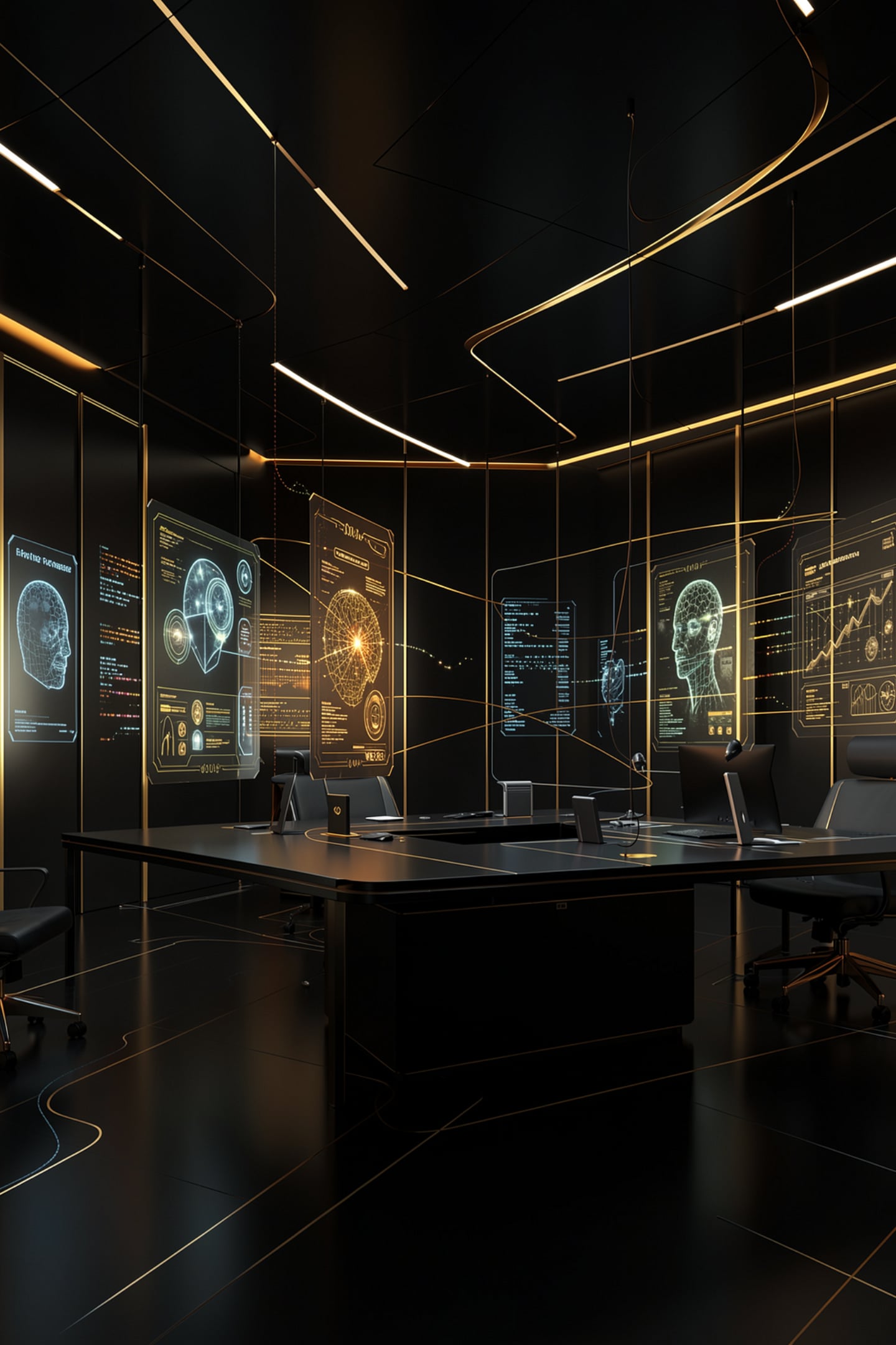 Futuristic training room with AI dashboards on every wall, the environment for AI training for employees