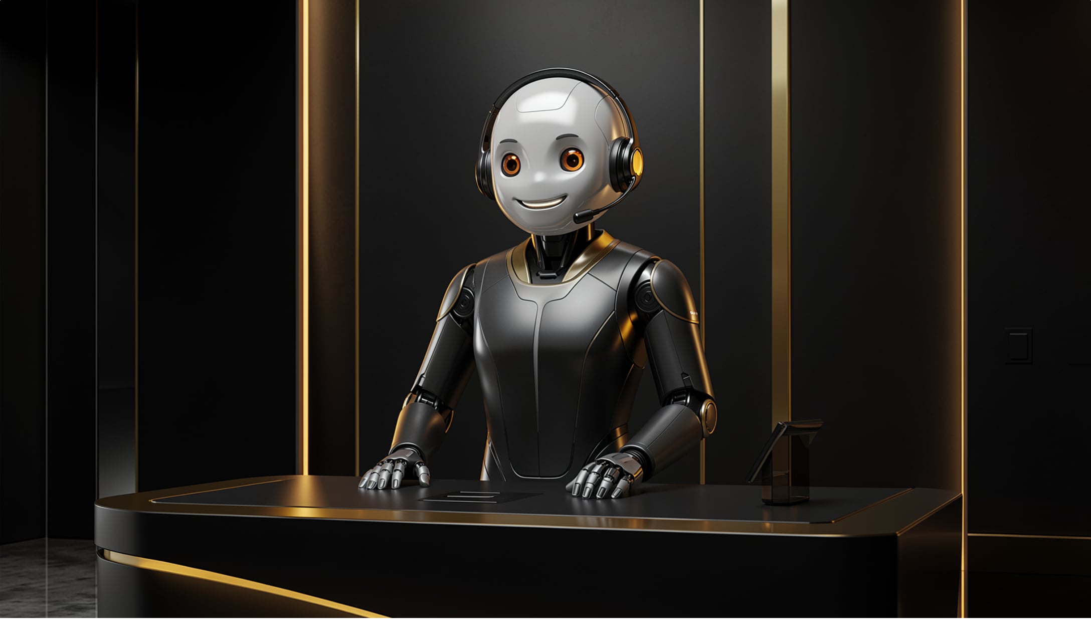 AI receptionist robot with headset at a front desk representing the voice AI layer in a GoHighLevel sales stack