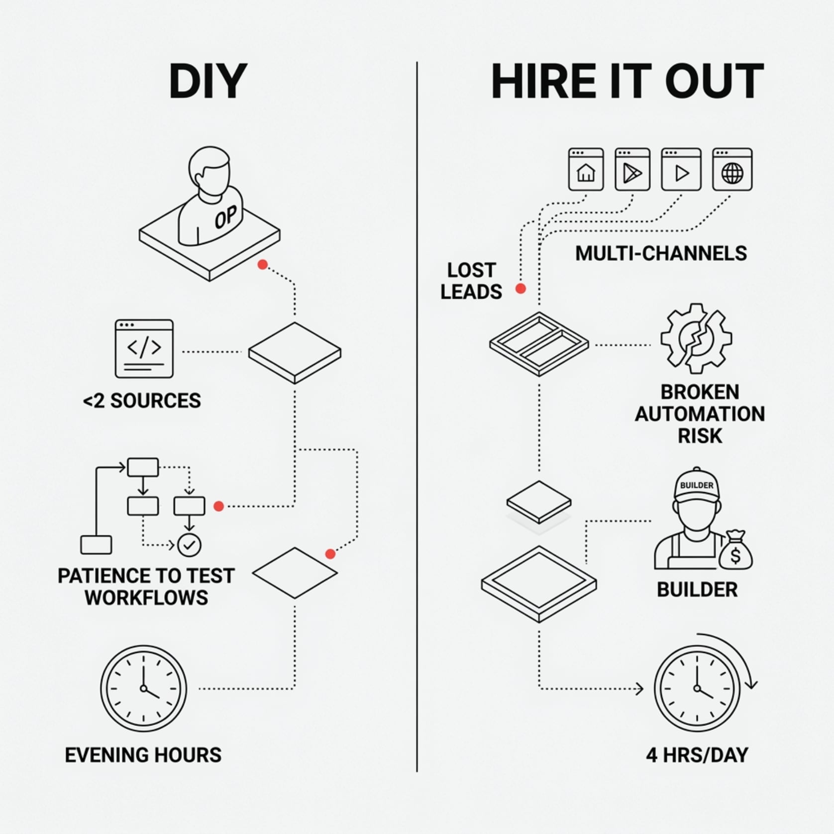 Infographic comparing DIY GoHighLevel automation setup against hiring a builder for AI sales automation