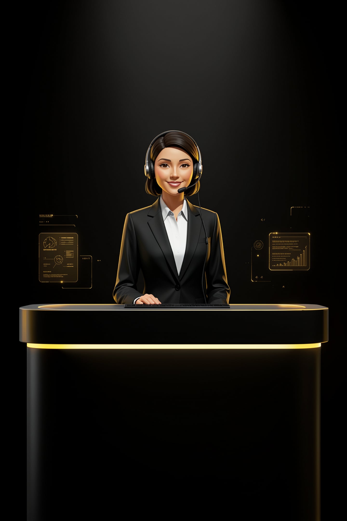 Friendly AI receptionist with a headset at a front desk with booking and analytics panels, representing a productized AI receptionist for small business