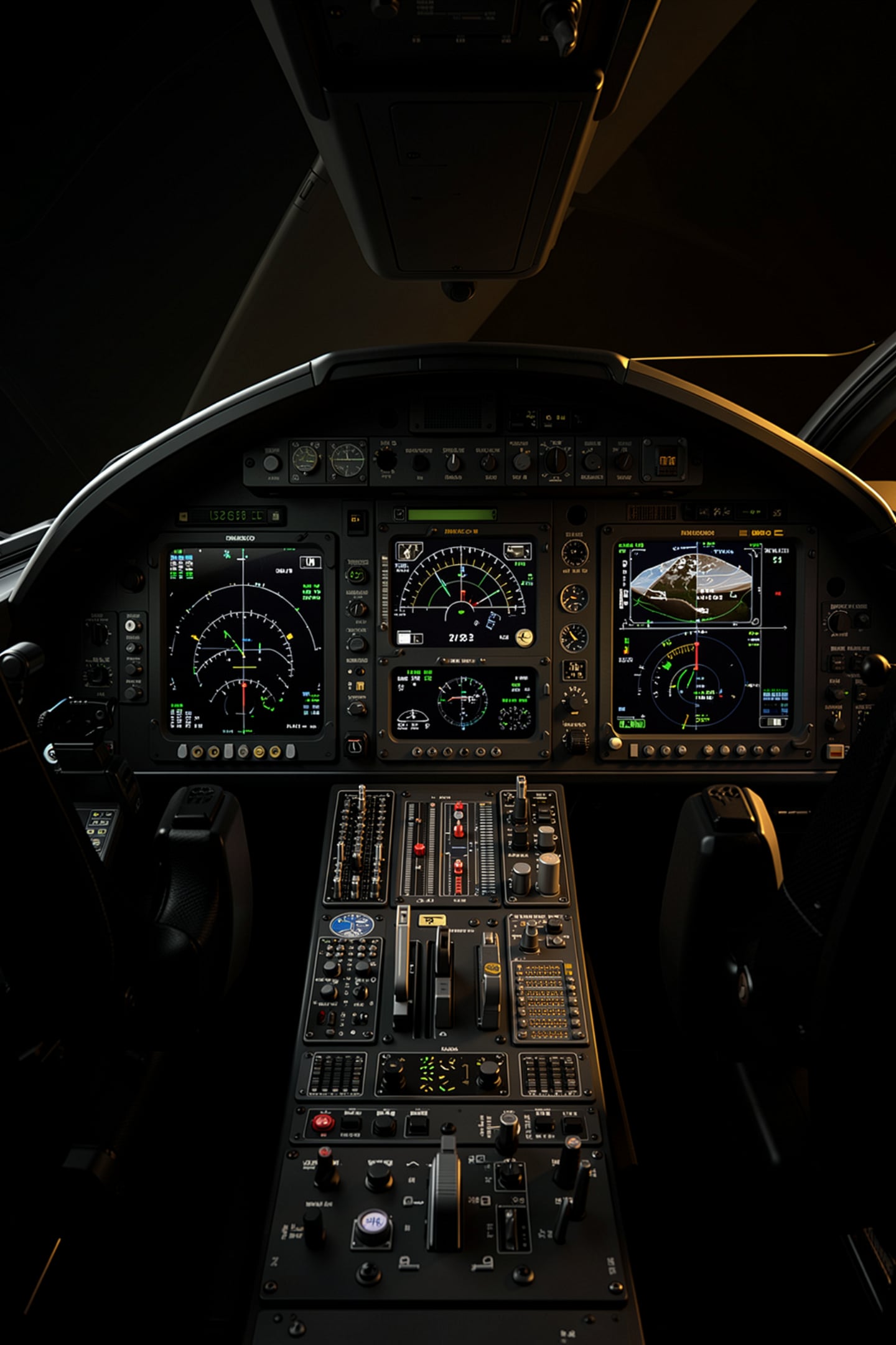 Aircraft cockpit instrument panels showing the avionics systems discipline behind a custom AI command center