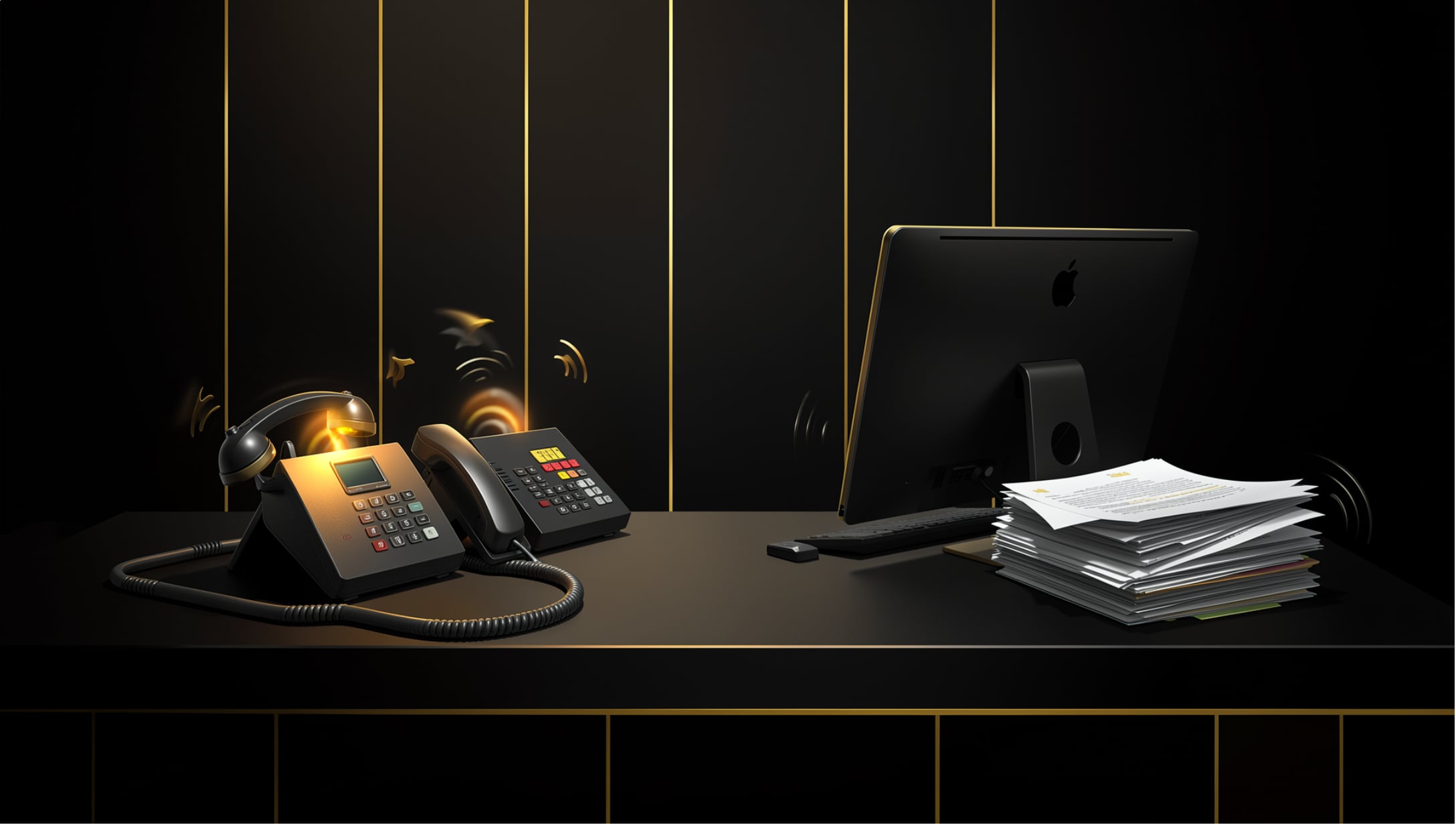 Two office phones ringing unanswered next to a stack of paperwork, showing the missed calls an AI receptionist for small business eliminates