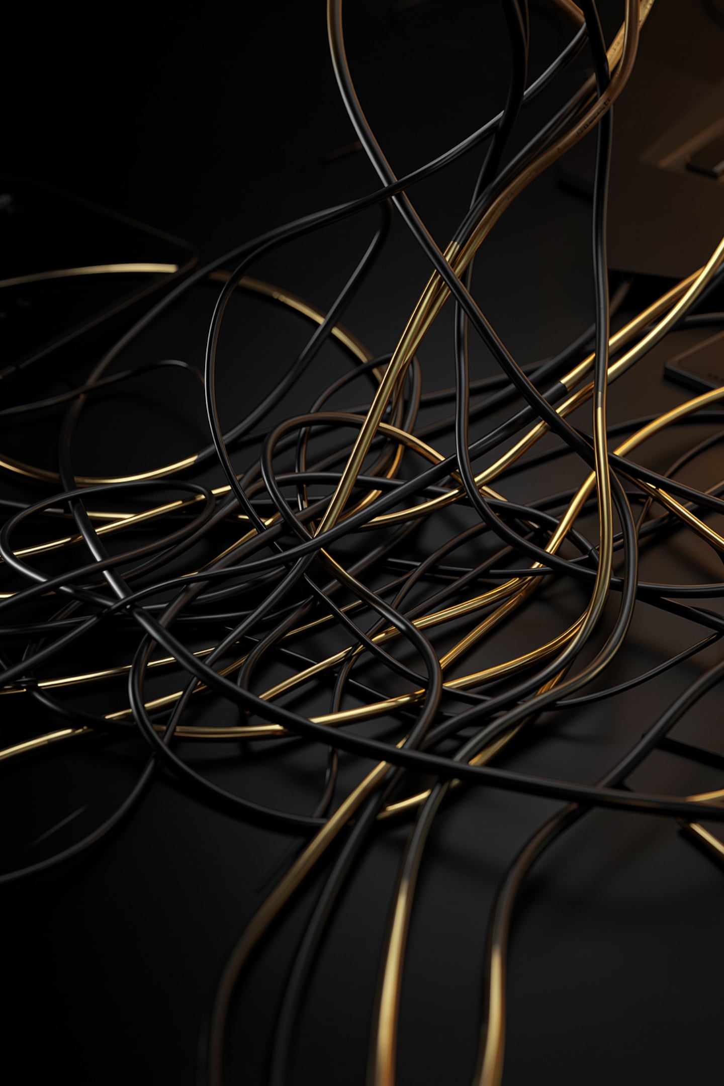 Tangled black and gold cables representing disconnected sales systems before AI sales automation in GoHighLevel