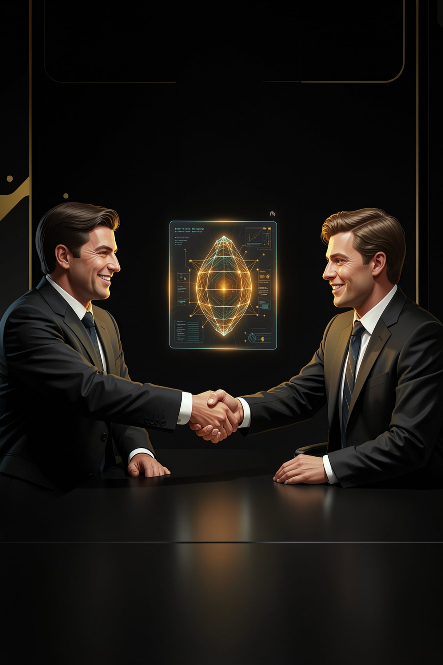 Business handshake in front of an AI hologram after choosing an AI consulting partner in Calgary