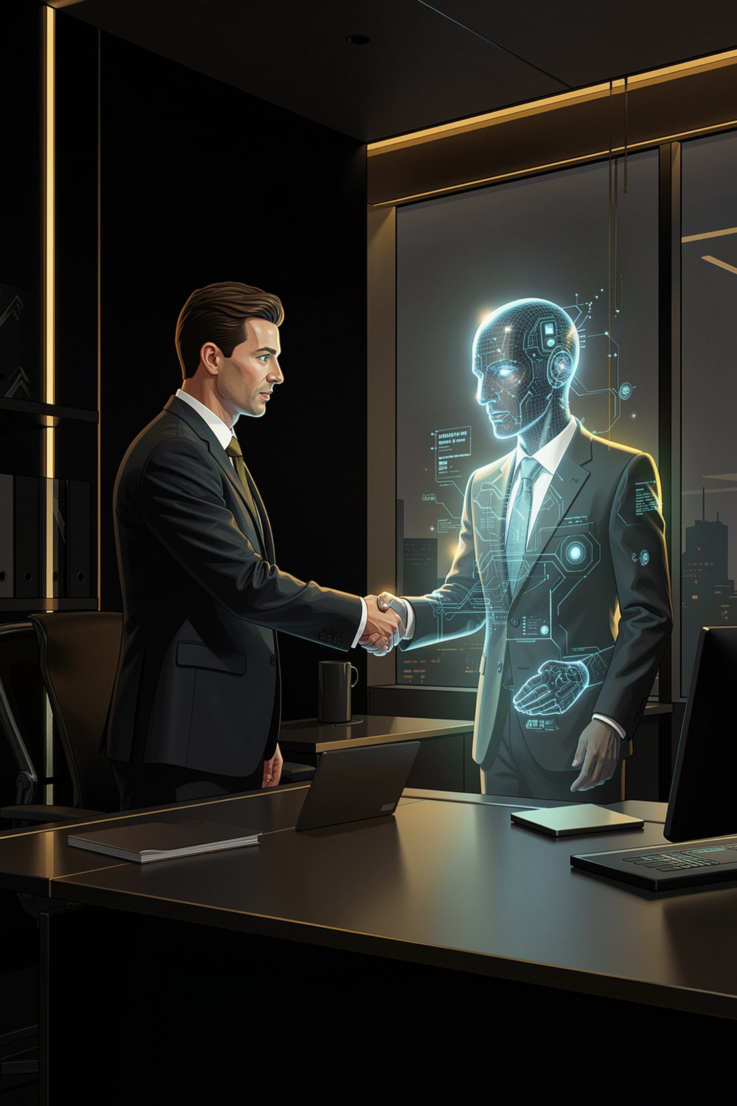 Business owner shaking hands with an AI assistant representing AI implementation for small business