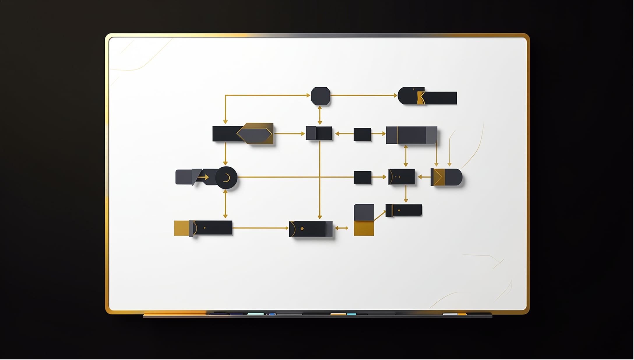 Black and gold flowchart on a whiteboard mapping GoHighLevel workflow automations for speed-to-lead and follow-up