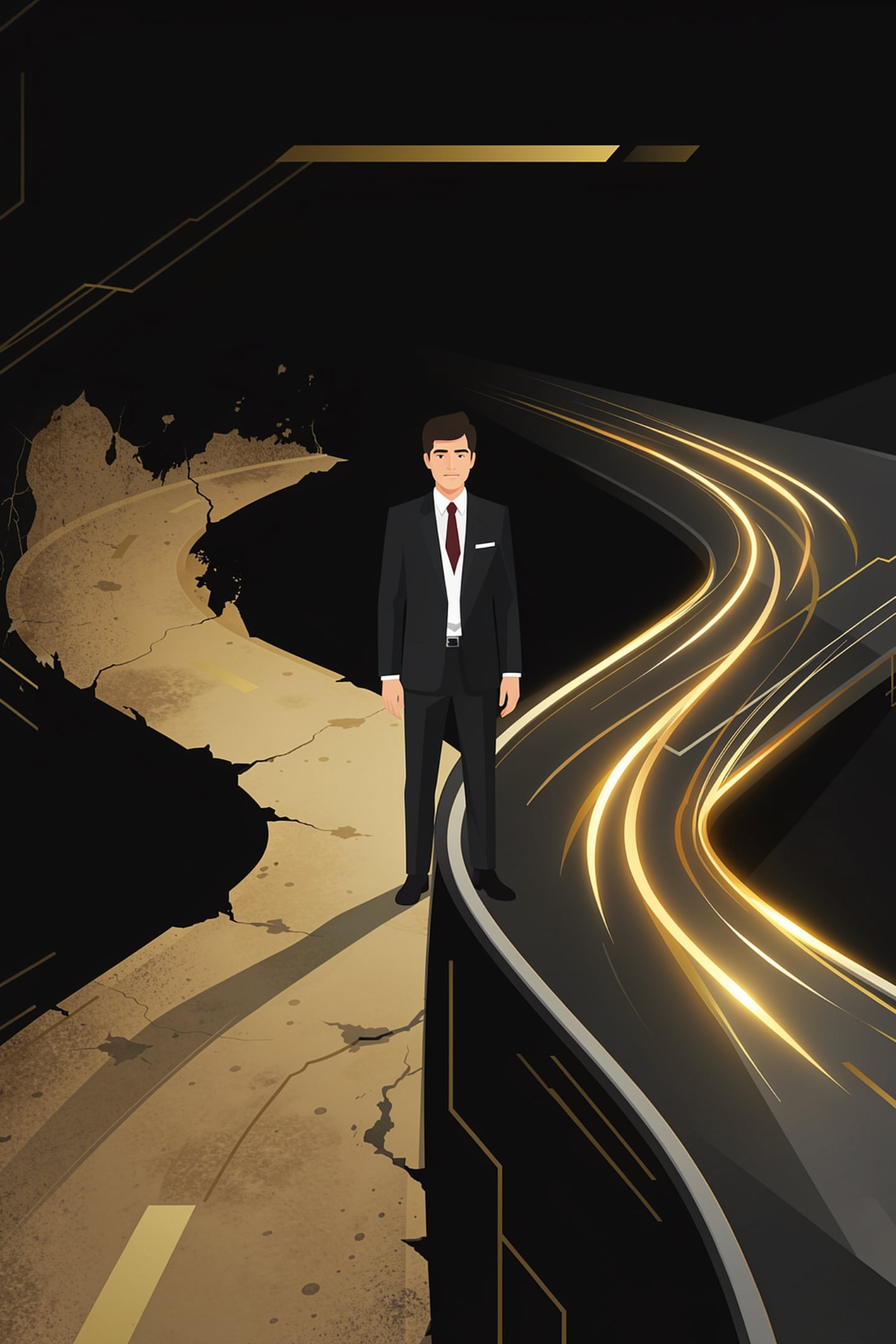 Business owner standing between a crumbling road and a bright path, the trained team advantage