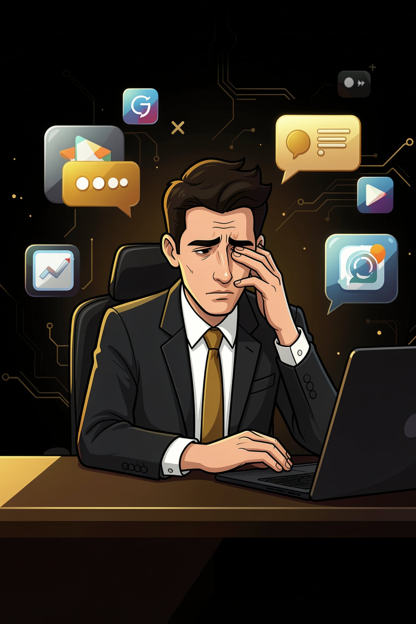 Business owner overwhelmed by scattered AI tools and app notifications before a command center