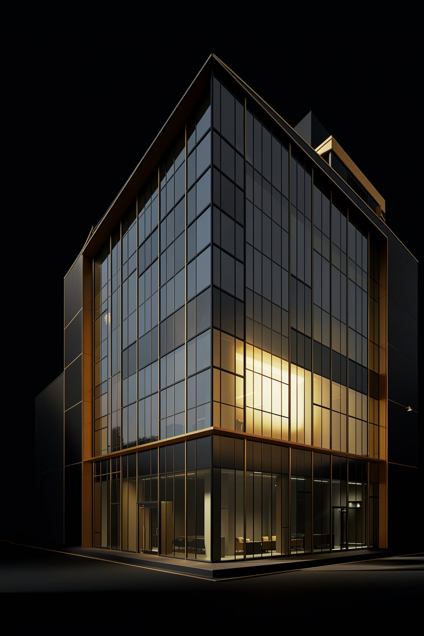 Black and gold office tower at night representing local Calgary AI consulting firms