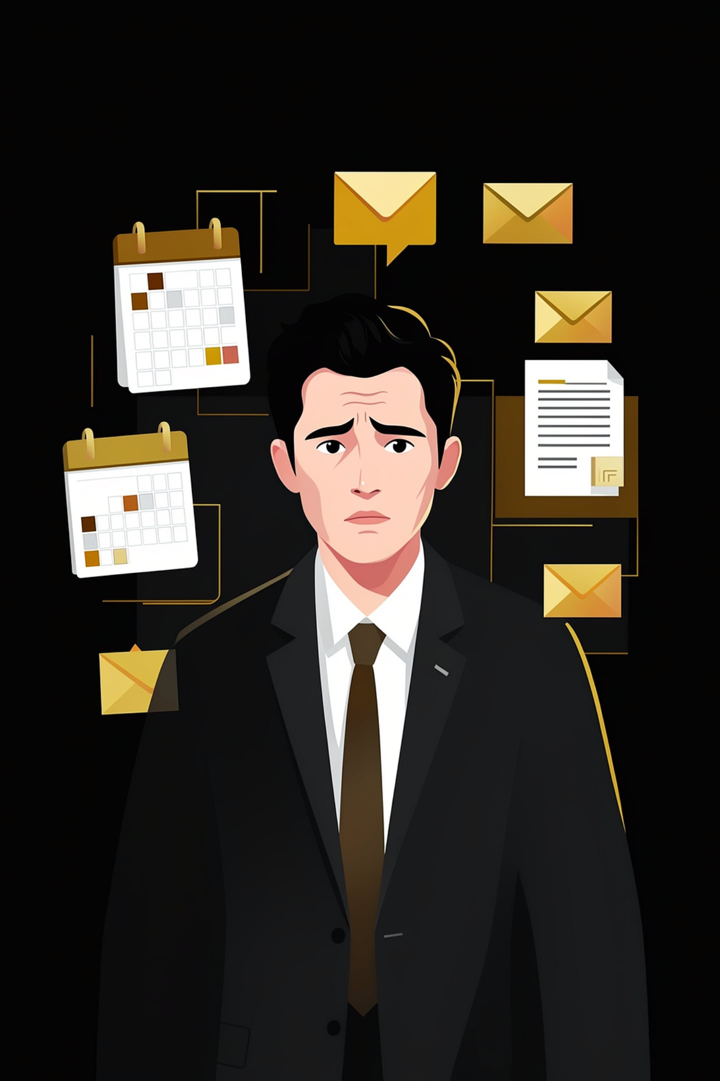 Overwhelmed small business owner surrounded by emails and calendars before AI admin automation