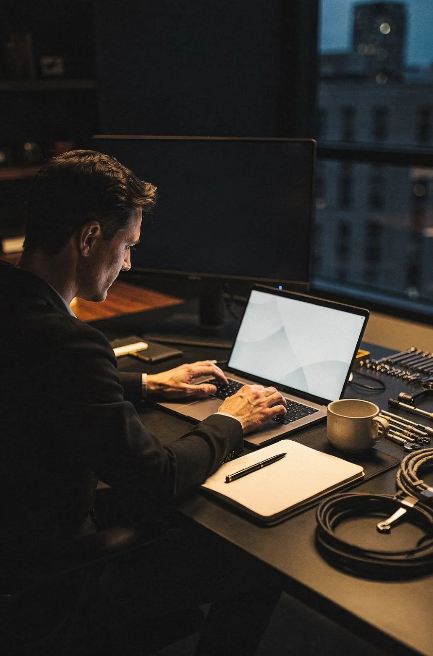 A quiet desk at dusk with a notebook and laptop, representing writing your business context for AI