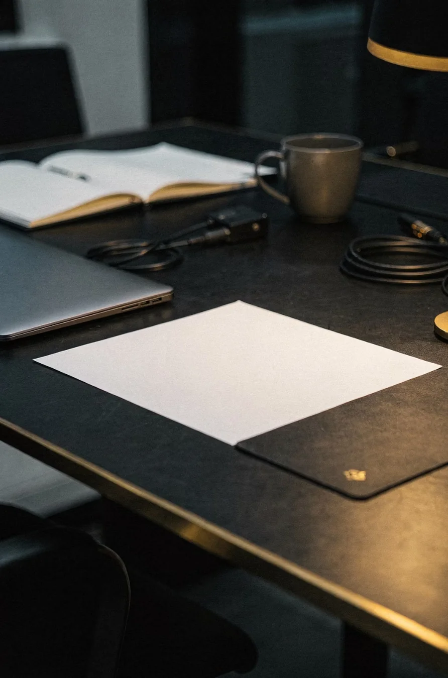 A single blank sheet of paper on a dark desk beside a closed laptop, representing a plain markdown file