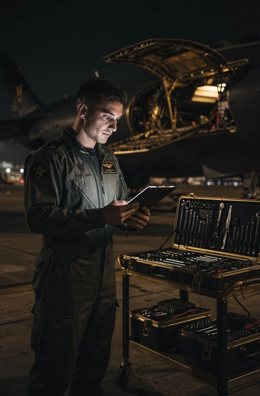 Aircraft technician following a documented maintenance procedure at night beside an open tool chest