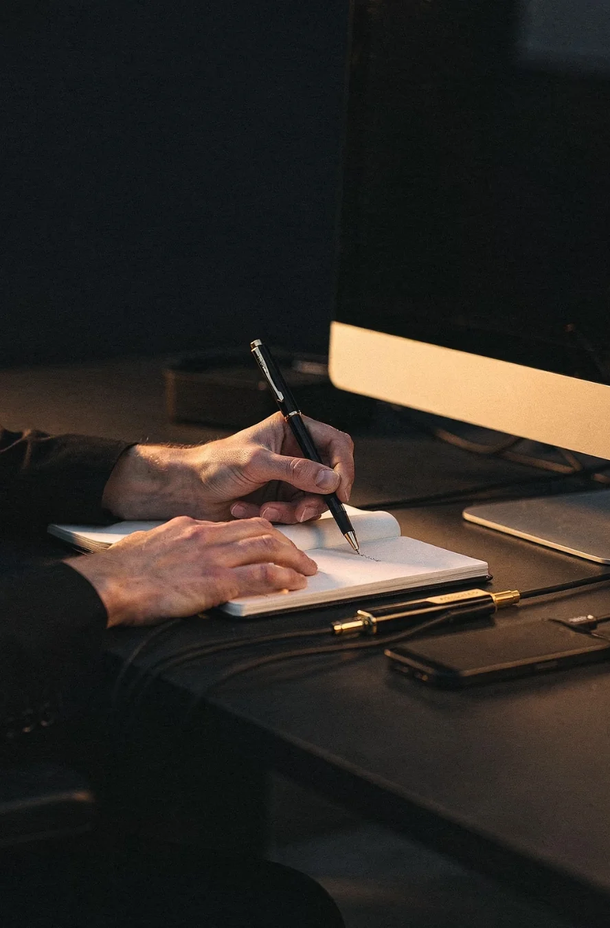 Hands writing business context in a notebook beside a warm glowing monitor in a dark office