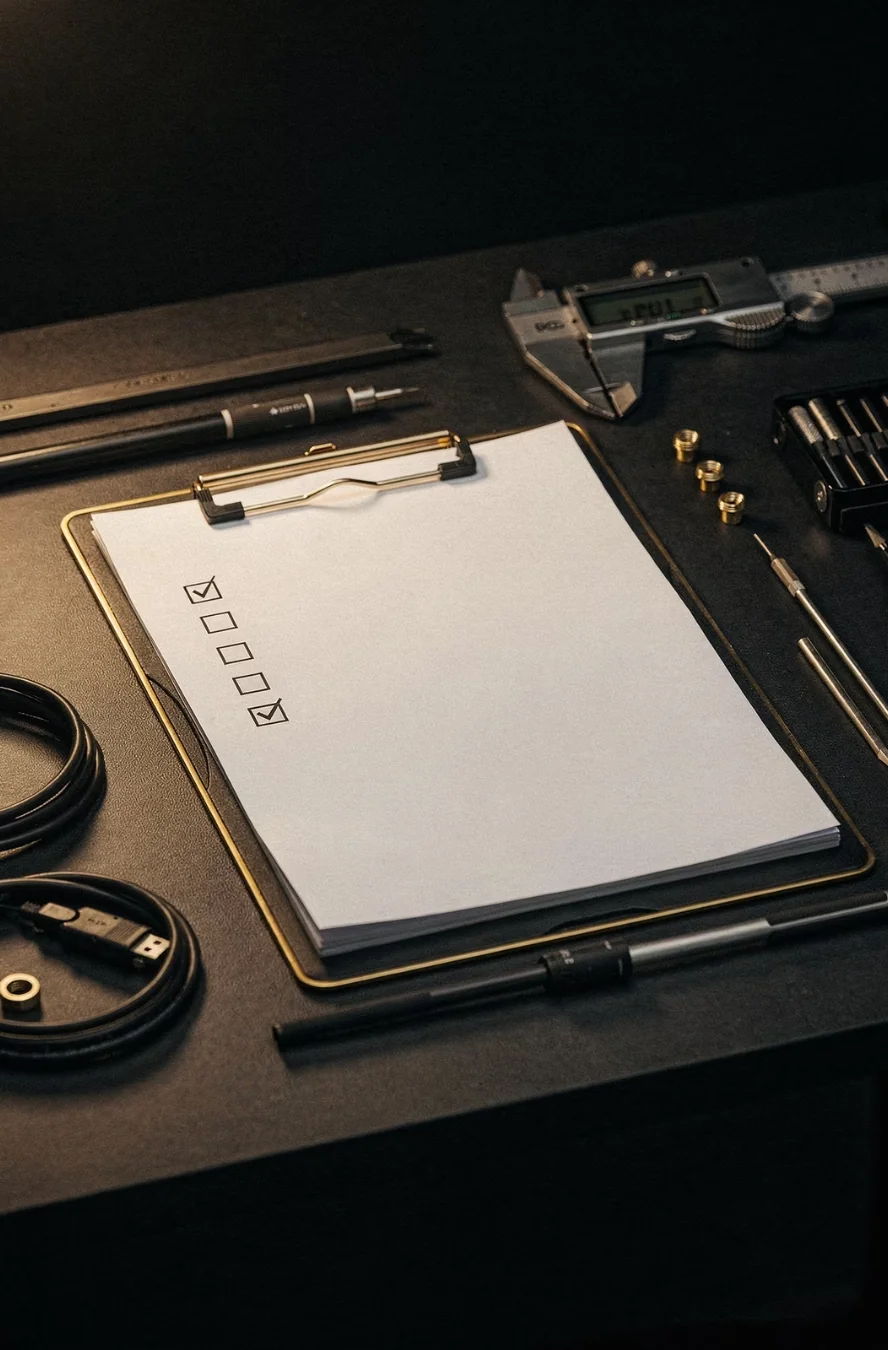 A checklist on a gold-trimmed clipboard surrounded by precision instruments, representing the five part ATP Prompt Standard