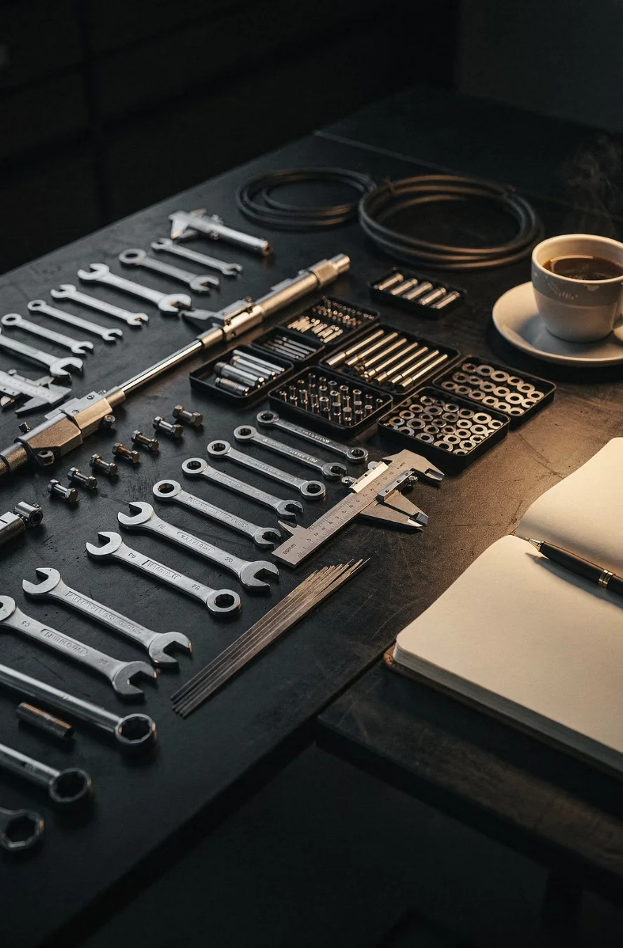 Precision tools laid out in exact order on a dark workbench beside a notebook and coffee, representing a documented procedure