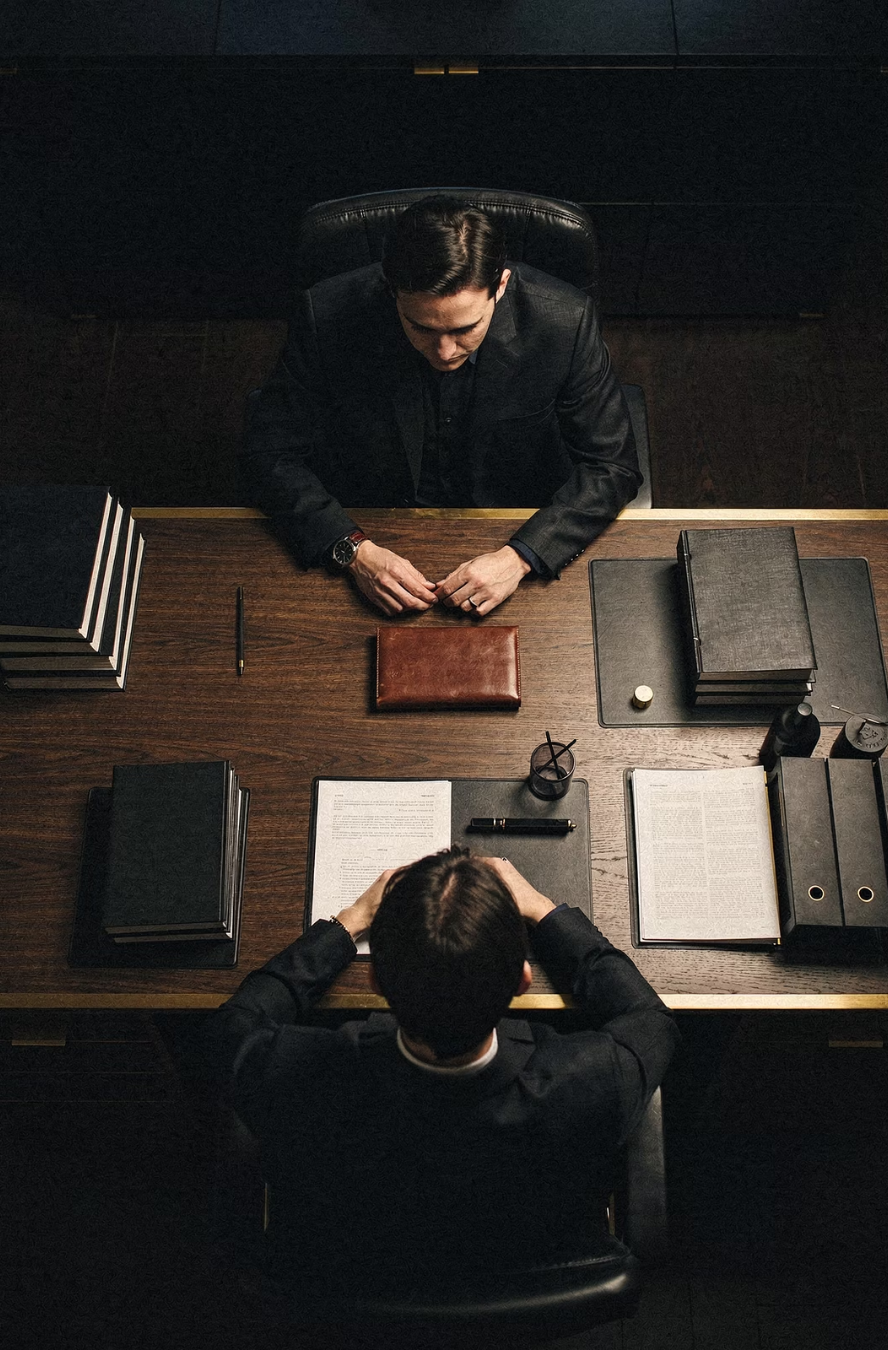 Two people reviewing printed pages across a dark wooden desk in a dim office