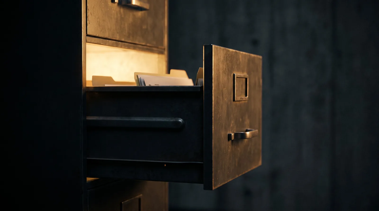 A metal filing cabinet drawer pulled open with warm light glowing inside