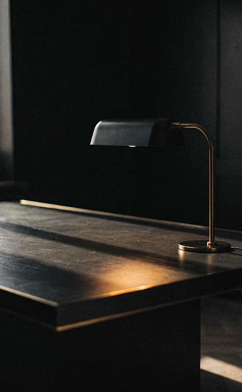 Single desk lamp over a clean dark desk at end of day, one recurring weekly task handled by a Claude Project