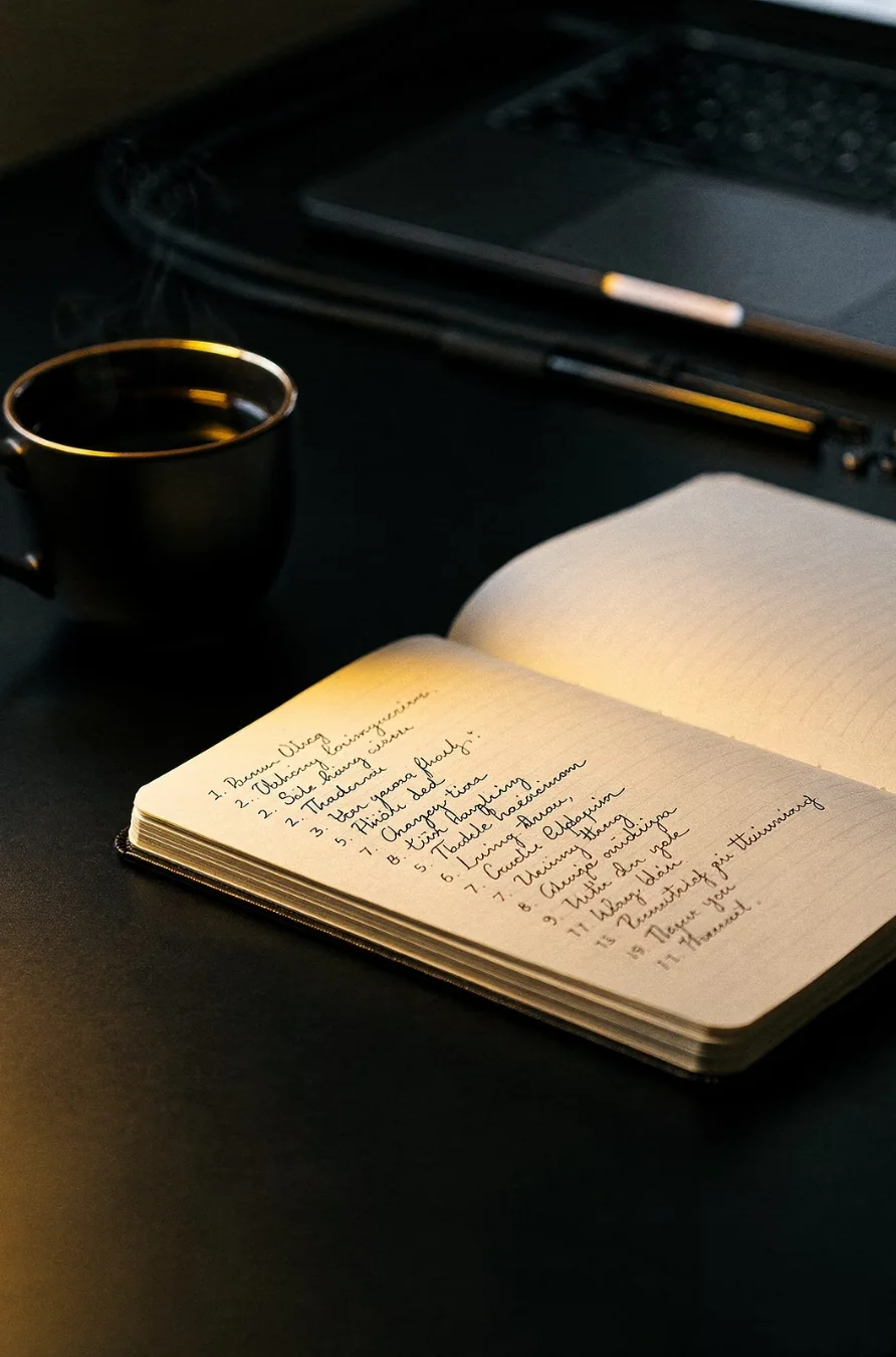Handwritten numbered list of questions in a notebook beside a coffee, the interview step before an AI writes your Claude Project knowledge files