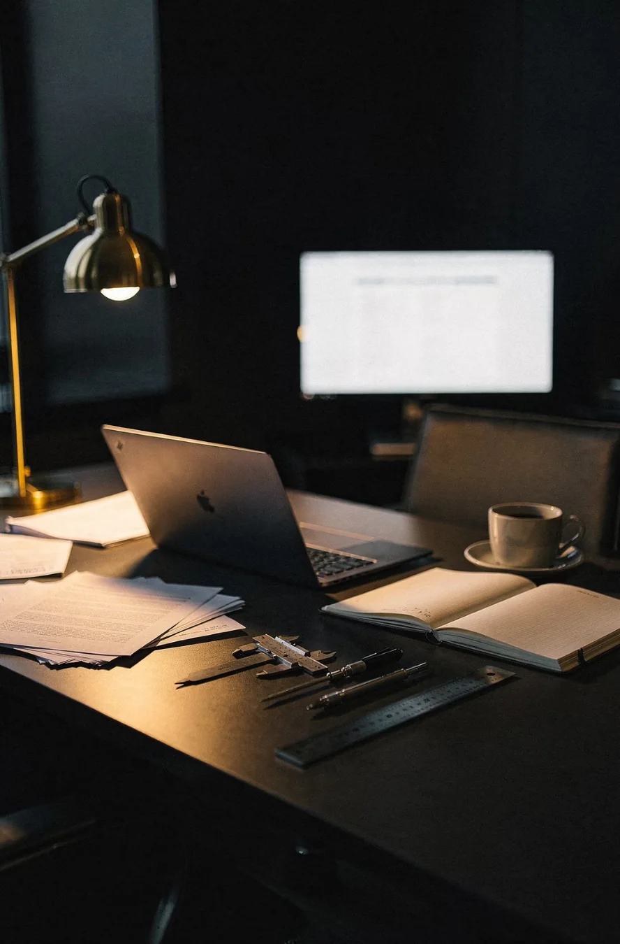 Desk with laptop, documents and notebook under warm lamp light, real business tasks running through a Claude Project