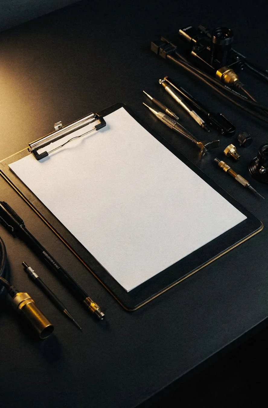 Blank procedure sheet on a clipboard beside precision tools, like the standing instructions written once inside a Claude Project