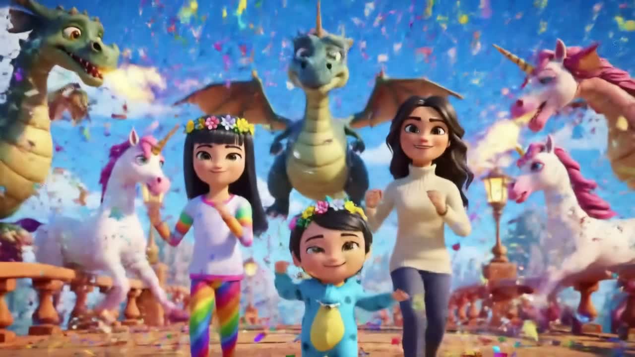 Finale frame from a Veo generated childrens story video: characters celebrating with dragons and unicorns in falling confetti