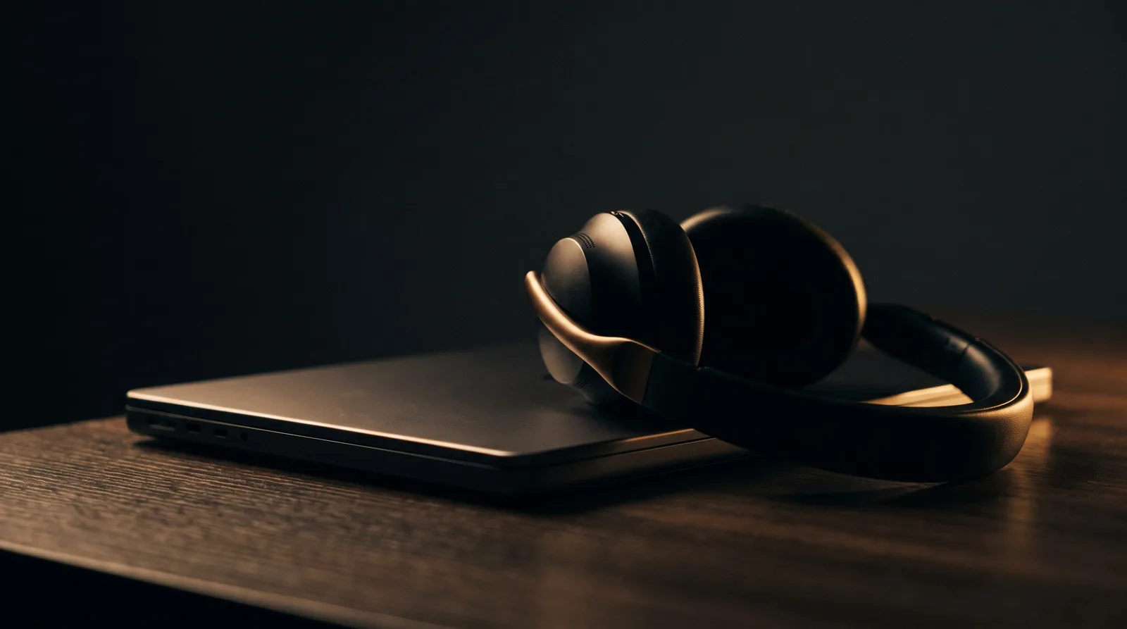 A pair of over-ear headphones resting on a closed laptop on a dark wooden desk