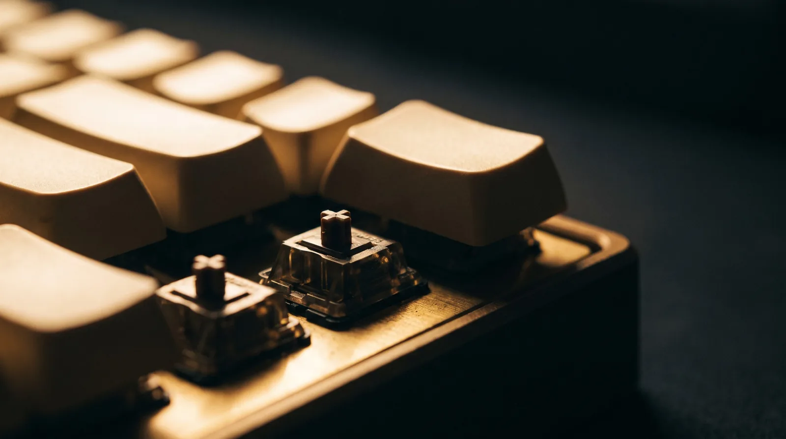 Close up of a mechanical keyboard with blank keys lit from the side