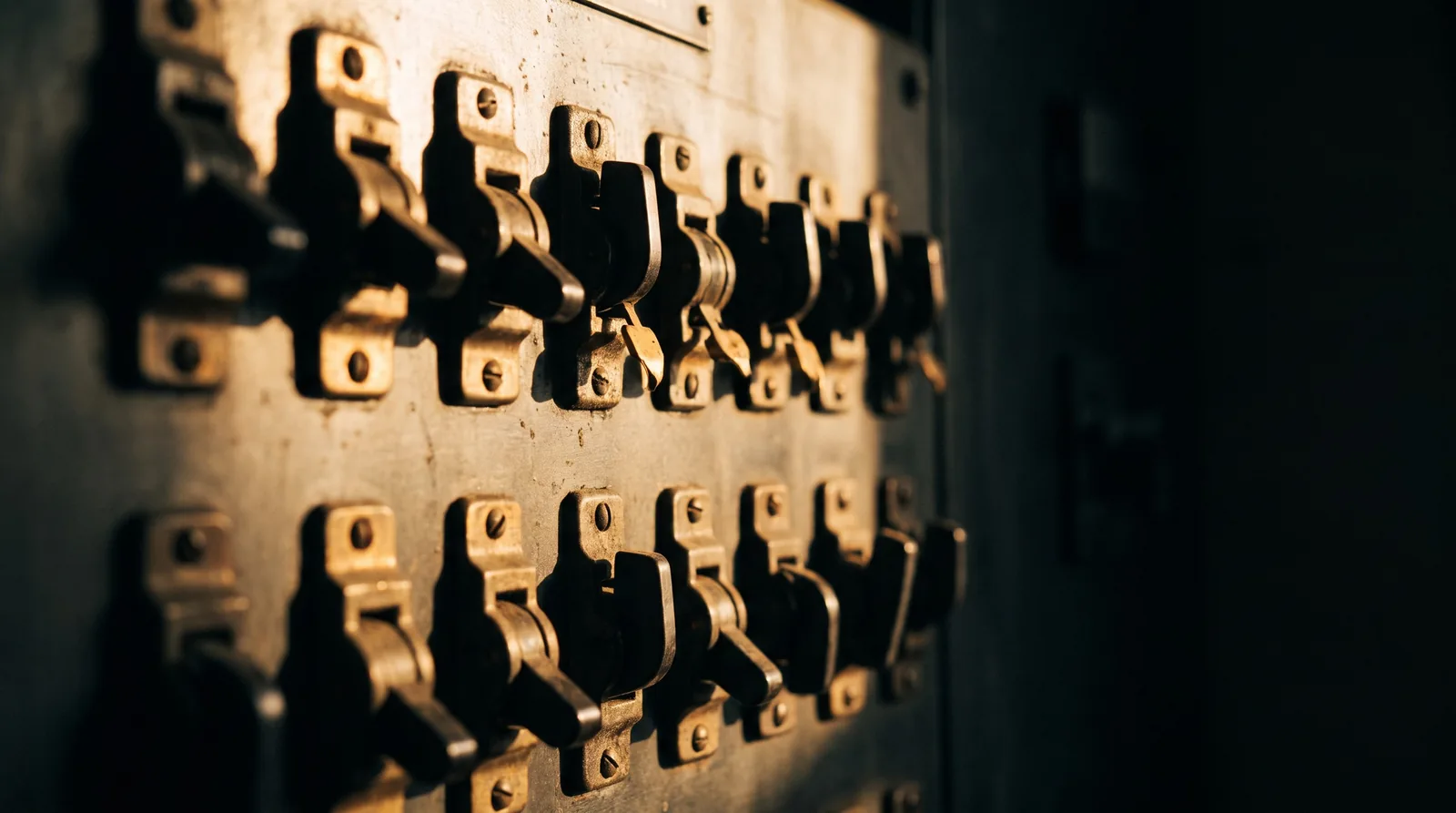 A row of identical switches on a vintage industrial electrical panel