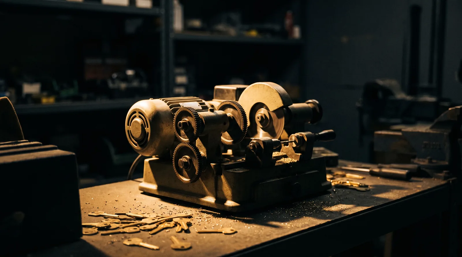 A key cutting machine on a dim workshop bench surrounded by brass key blanks