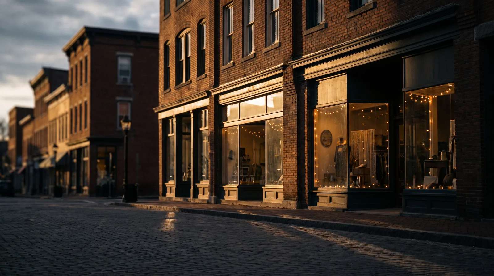 A quiet small-business main street at dusk with warm shop lights in the windows