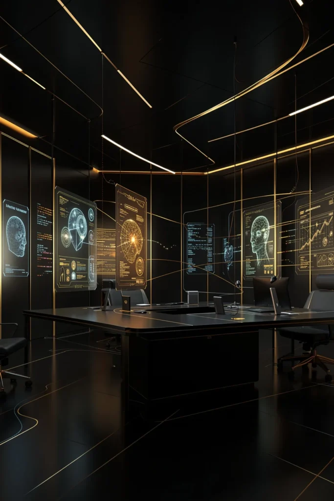 Futuristic training room with AI dashboards on every wall, the environment for AI training for employees