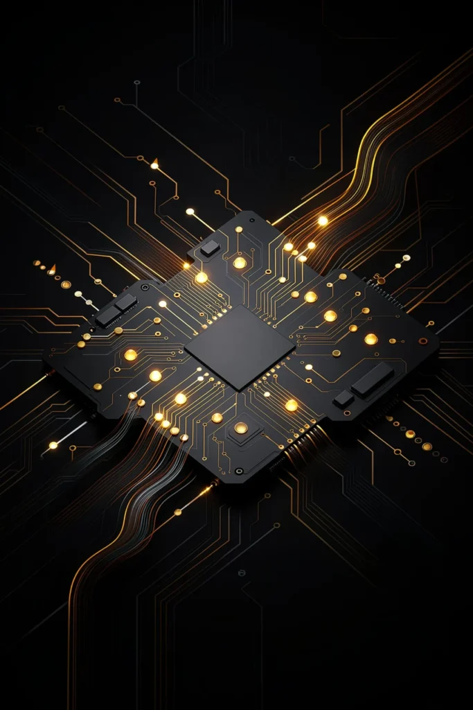 Black and gold circuit board representing the AI systems an AI consultant installs in a small business