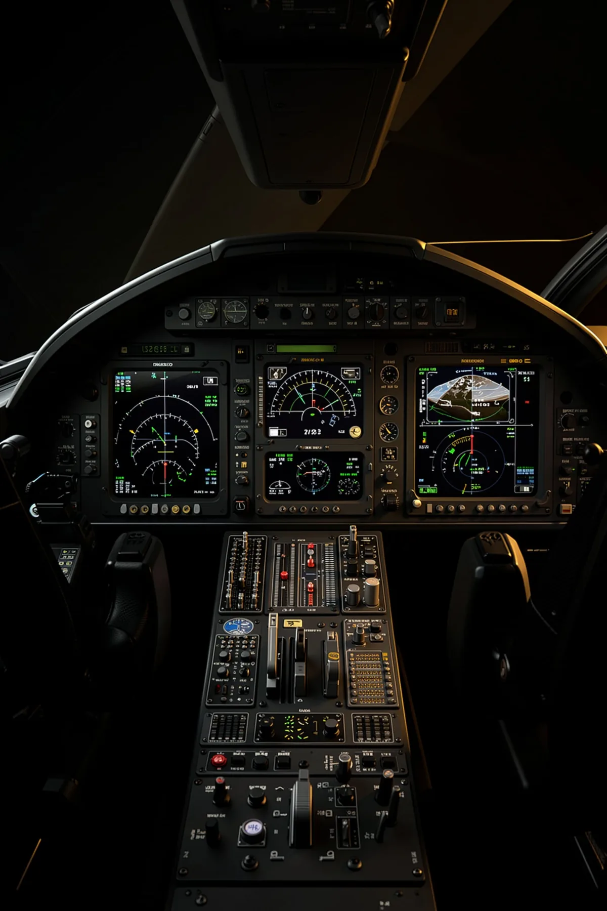 Aircraft cockpit instrument panels showing the avionics systems discipline behind a custom AI command center