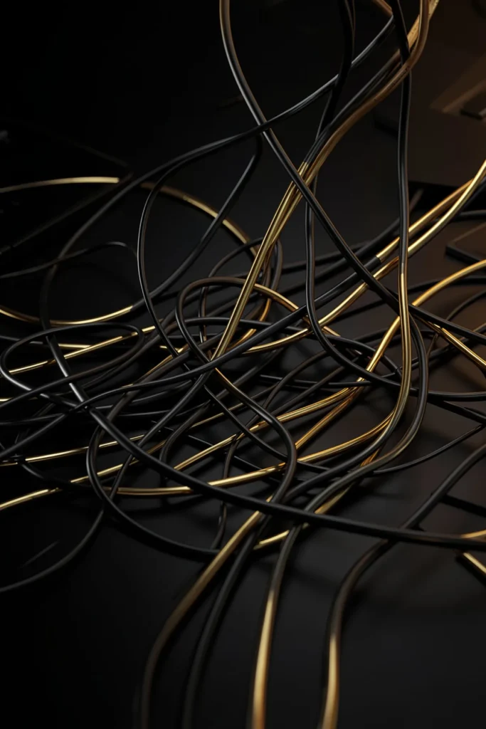 Tangled black and gold cables representing disconnected sales systems before AI sales automation in GoHighLevel