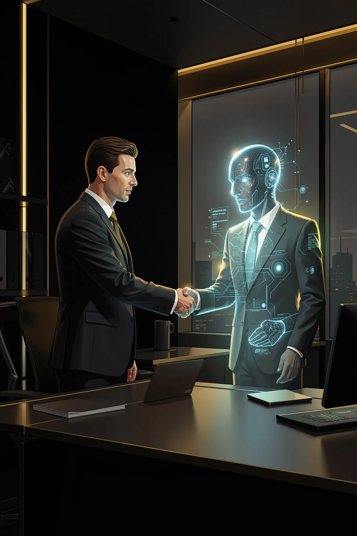Business owner shaking hands with an AI assistant representing AI implementation for small business