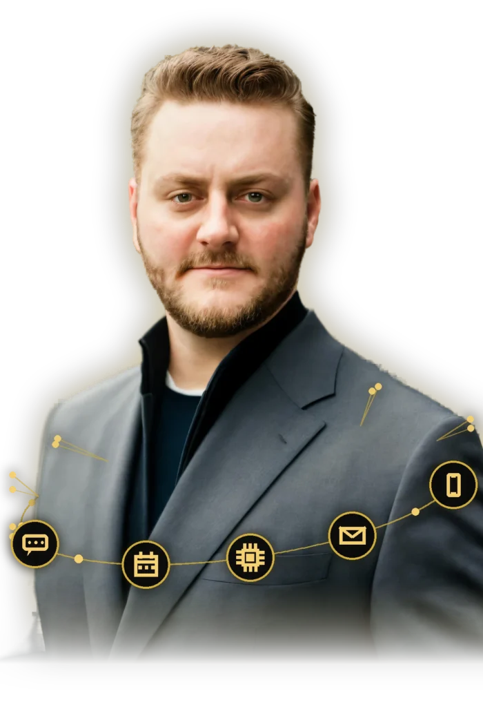 Tyler Fikowski, founder of ATP AI, Sales and Marketing, surrounded by the AI tools he integrates