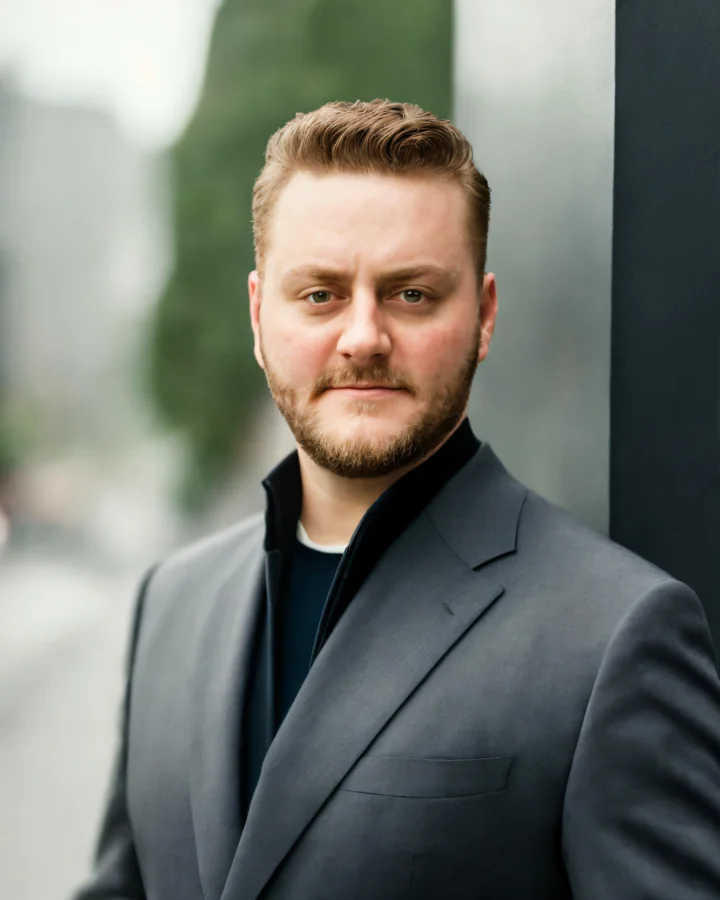 Tyler Fikowski, founder of ATP AI, Sales and Marketing, in a grey blazer against a city street