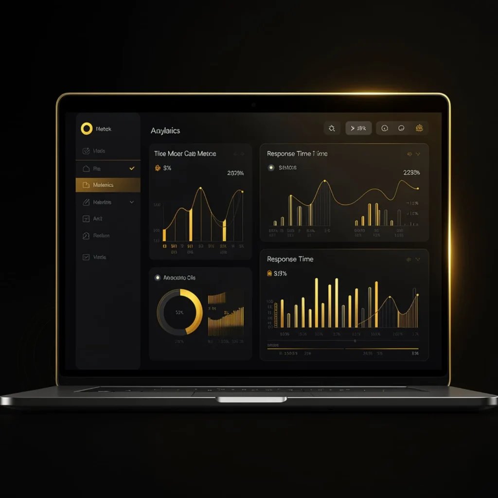 Dashboard on a laptop showing AI receptionist call metrics and response times