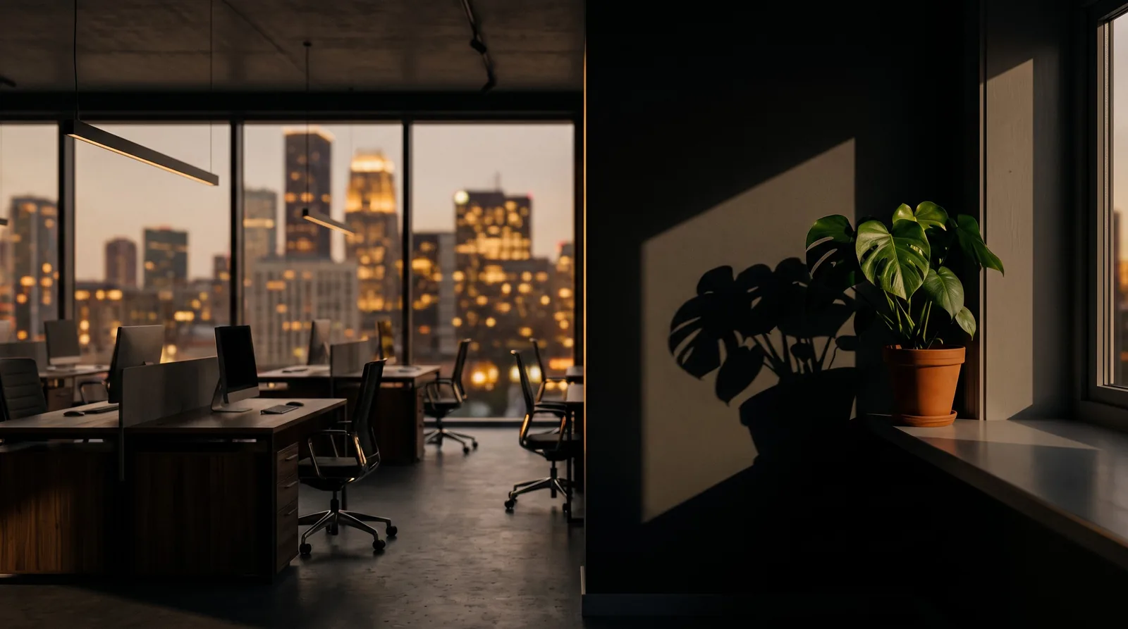 A wide empty modern office at dusk, city lights beyond the glass, no people